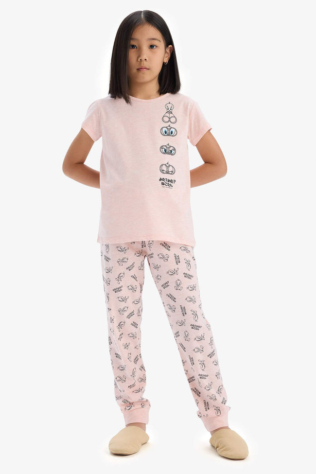 Girls Looney Tunes Pajama Set Short Sleeve Top and Elastic Waist Long Bottom Hover Image