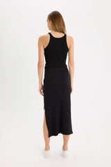 Fitted Body-hugging Slit Basic Camisole Black Midi Skirt
