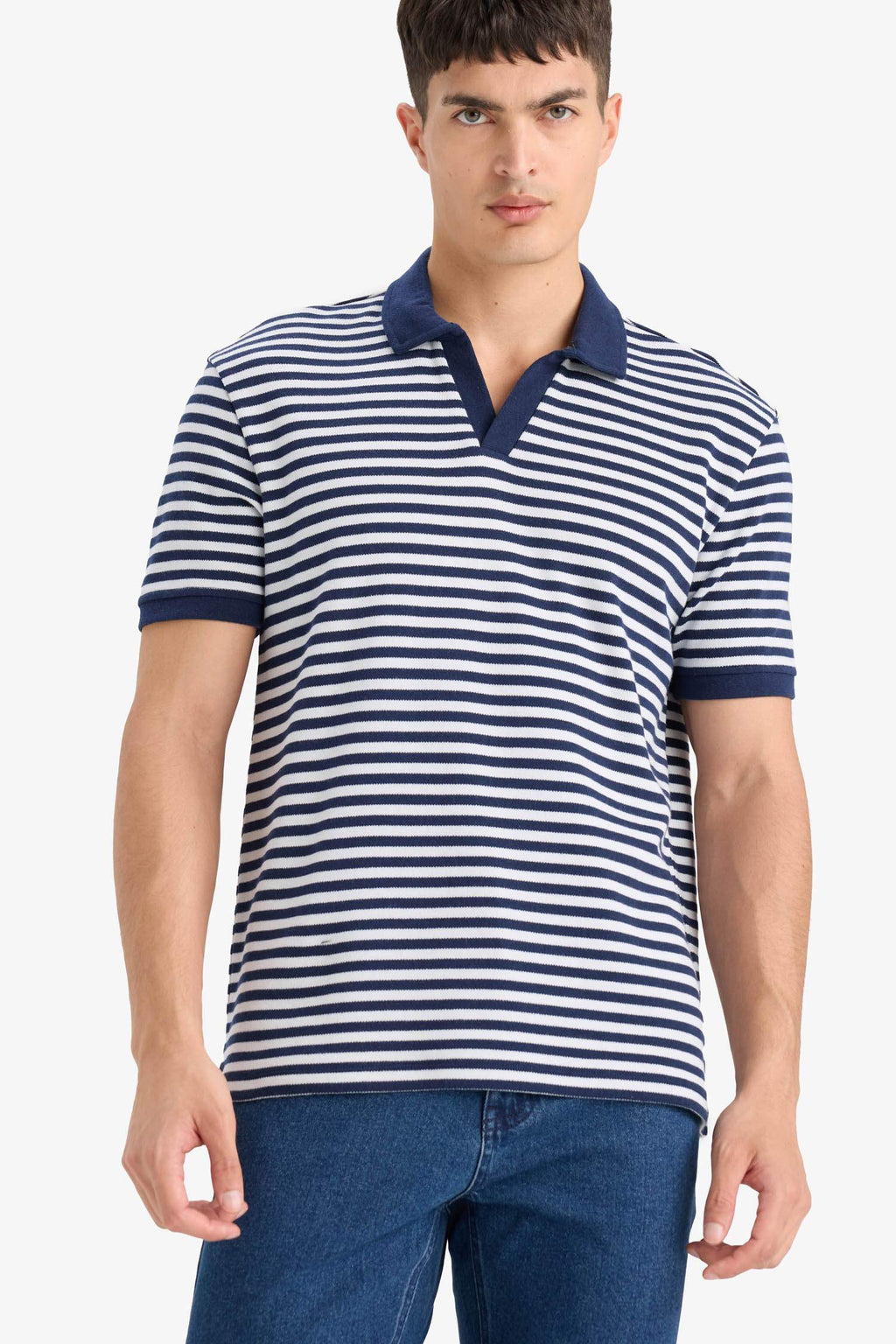 Regular Fit Polo Neck Short Sleeve Striped T-Shirt