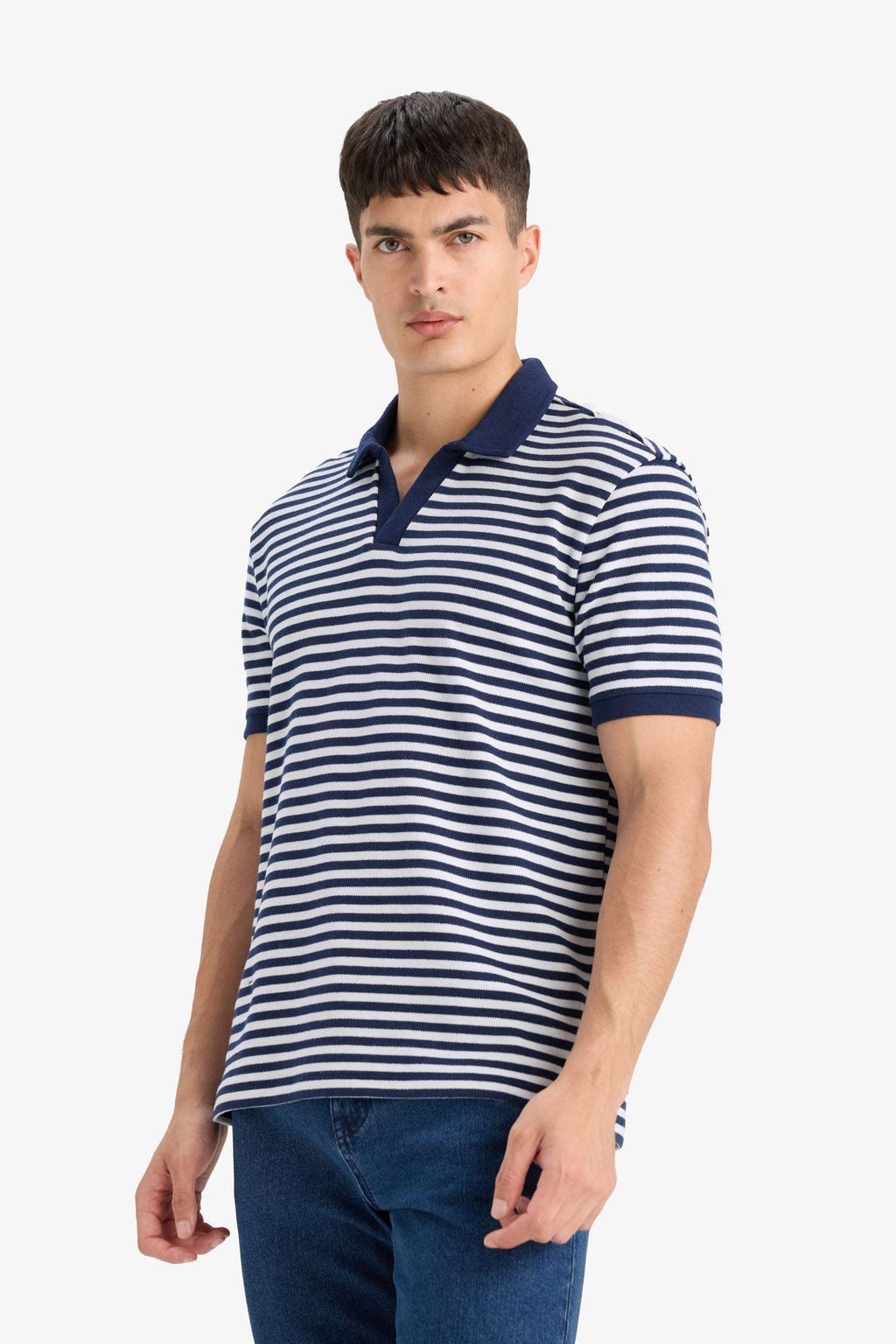 Regular Fit Polo Neck Short Sleeve Striped T-Shirt
