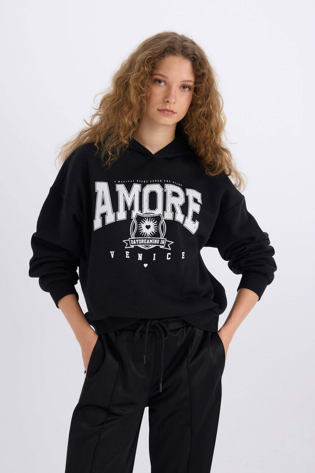 Loose Fit Hooded Printed Thick Sweatshirt Hover Image
