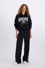 Loose Fit Hooded Printed Thick Sweatshirt