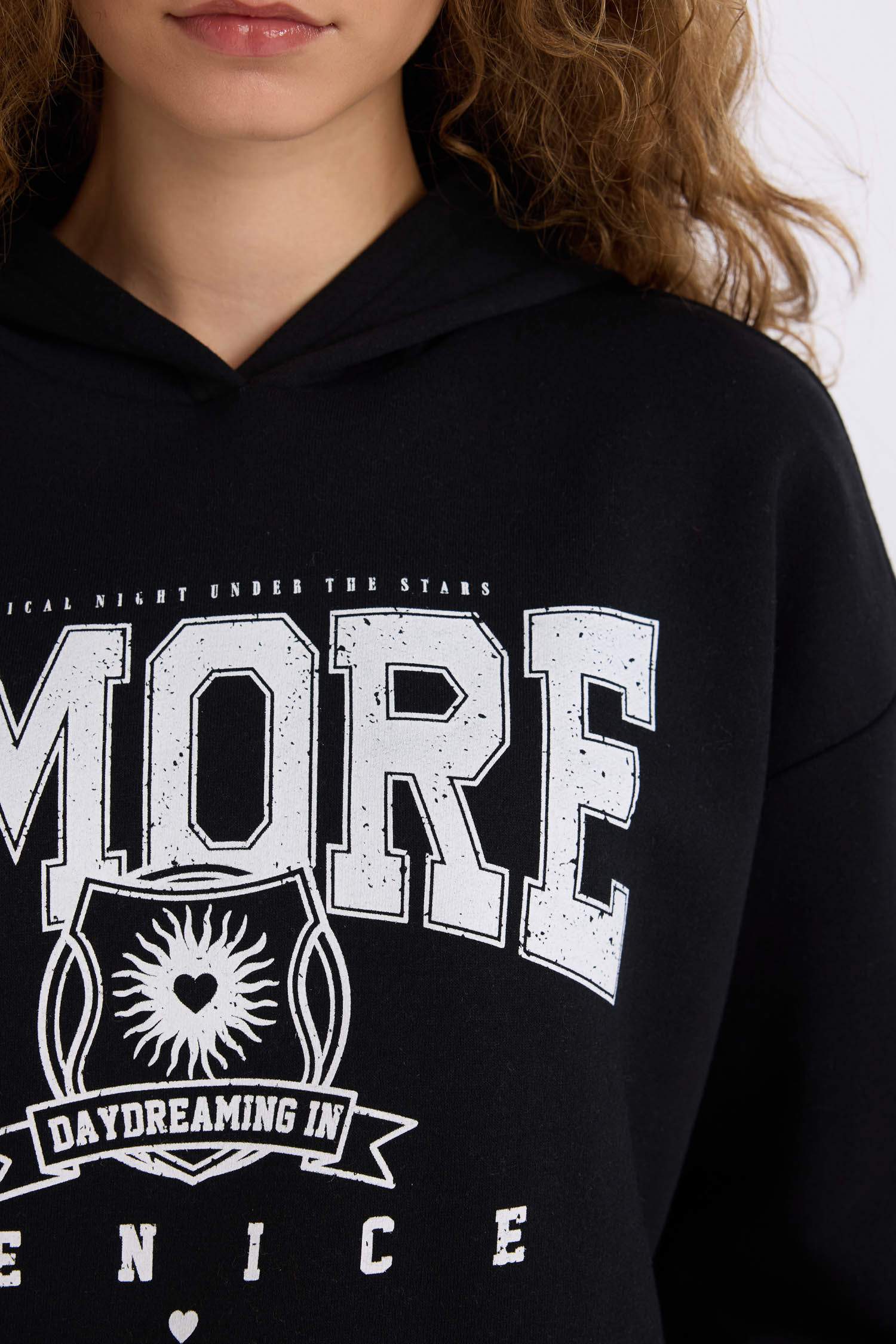 Loose Fit Hooded Printed Thick Sweatshirt