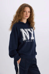 Loose Fit Hooded Printed Thick Sweatshirt