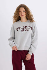Loose Fit Crew Neck Printed Thick Sweatshirt