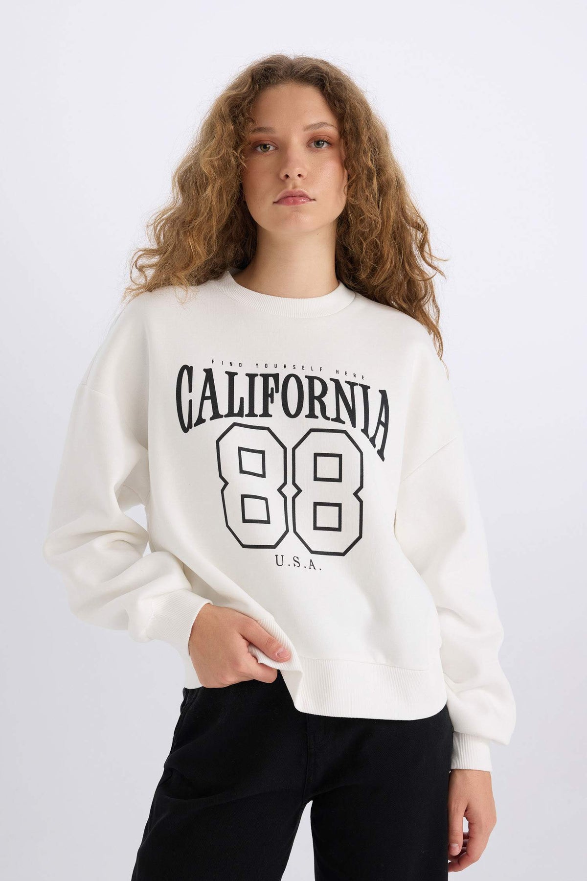 Loose Fit Crew Neck Printed Thick Sweatshirt