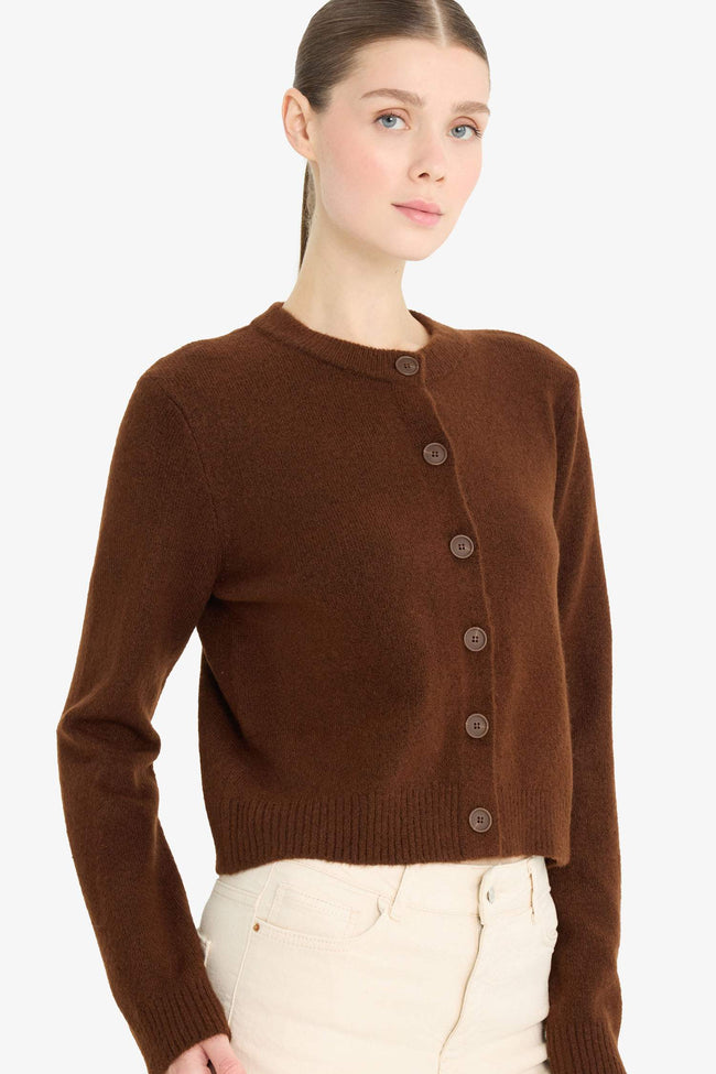 Regular Fit Crew Neck Basic Flat Buttoned Soft Touch Knit Cardigan Hover Image