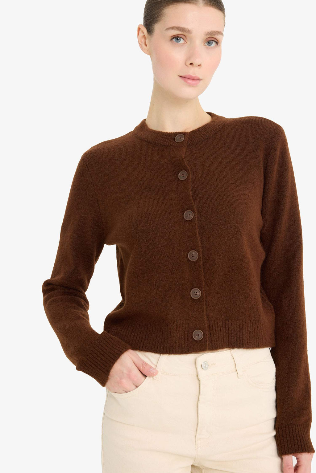 Regular Fit Crew Neck Basic Flat Buttoned Soft Touch Knit Cardigan