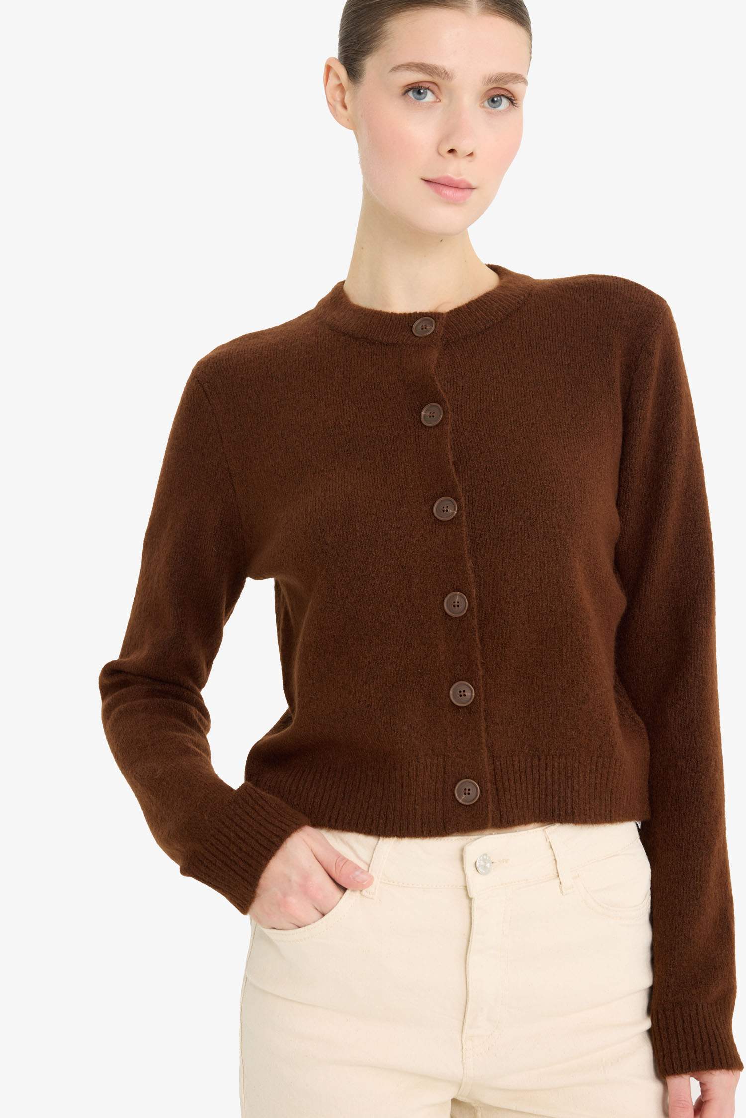 Regular Fit Crew Neck Basic Flat Buttoned Soft Touch Knit Cardigan