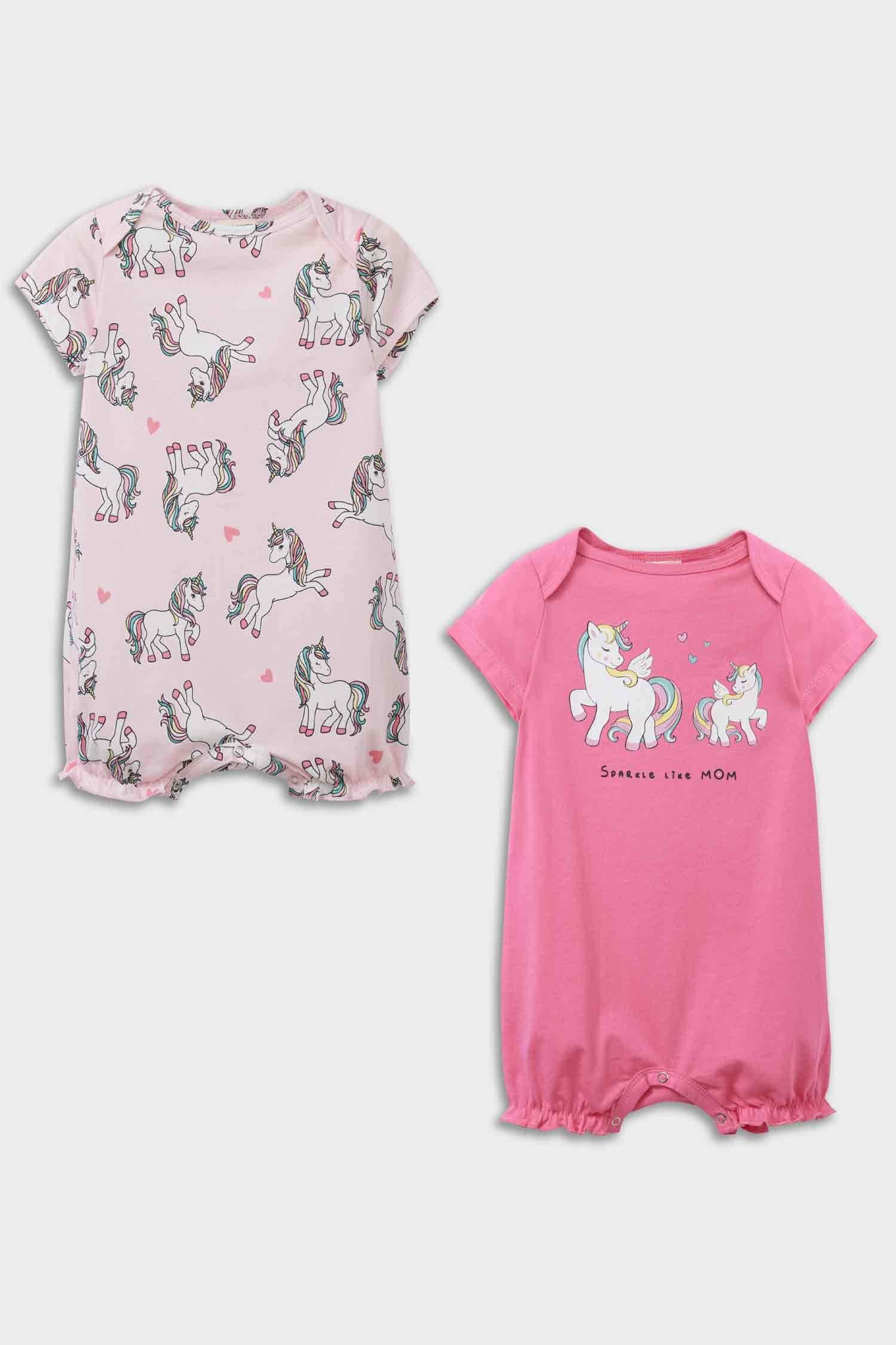 Baby Girl Newborn Unicorn Printed Combed Cotton 2-Piece Short Sleeve Jumpsuit