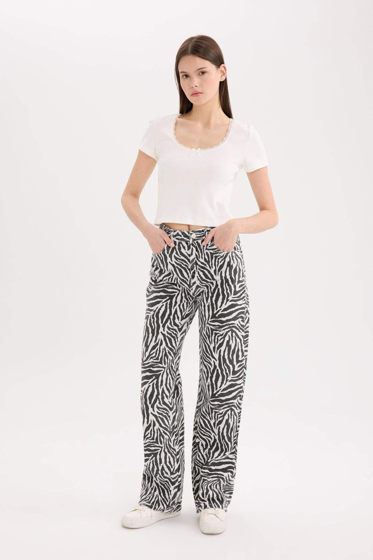 Straight Fit Gabardine Trousers, Zebra Pattern, Regular Waist, Standard Length
