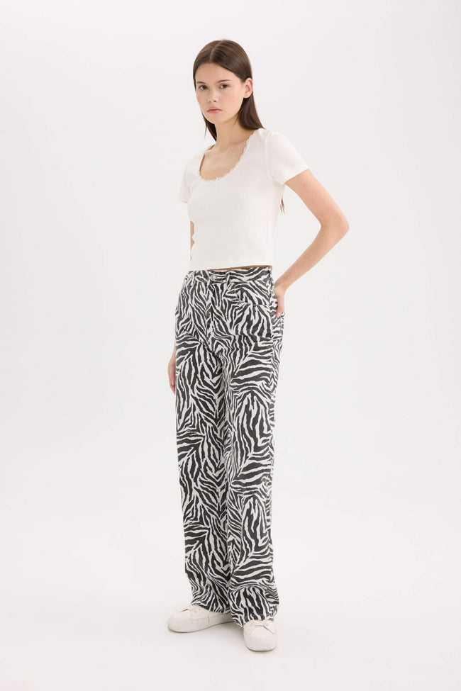 Straight Fit Gabardine Trousers, Zebra Pattern, Regular Waist, Standard Length Main Image