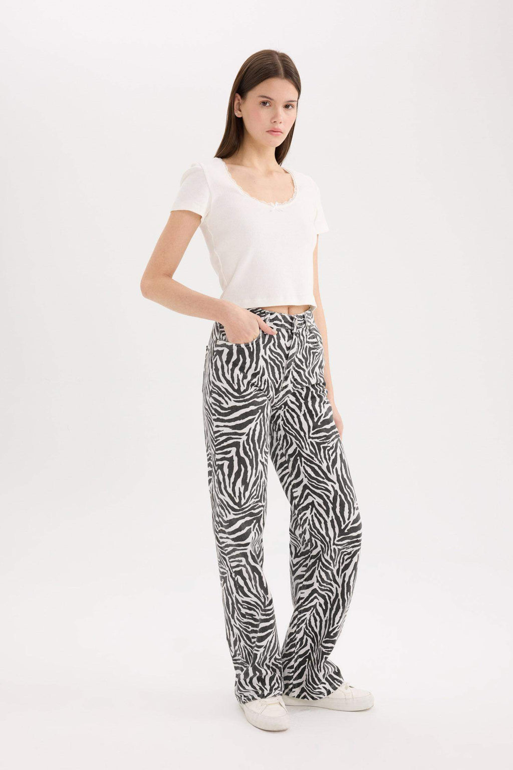 Straight Fit Gabardine Trousers, Zebra Pattern, Regular Waist, Standard Length