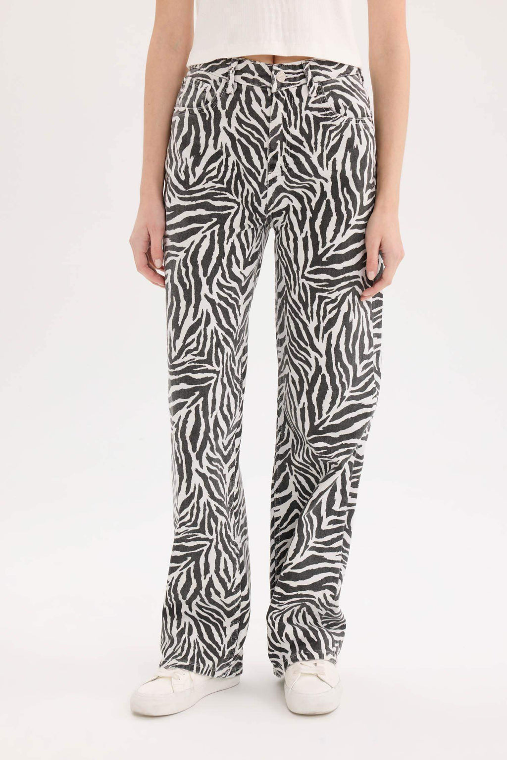 Straight Fit Gabardine Trousers, Zebra Pattern, Regular Waist, Standard Length