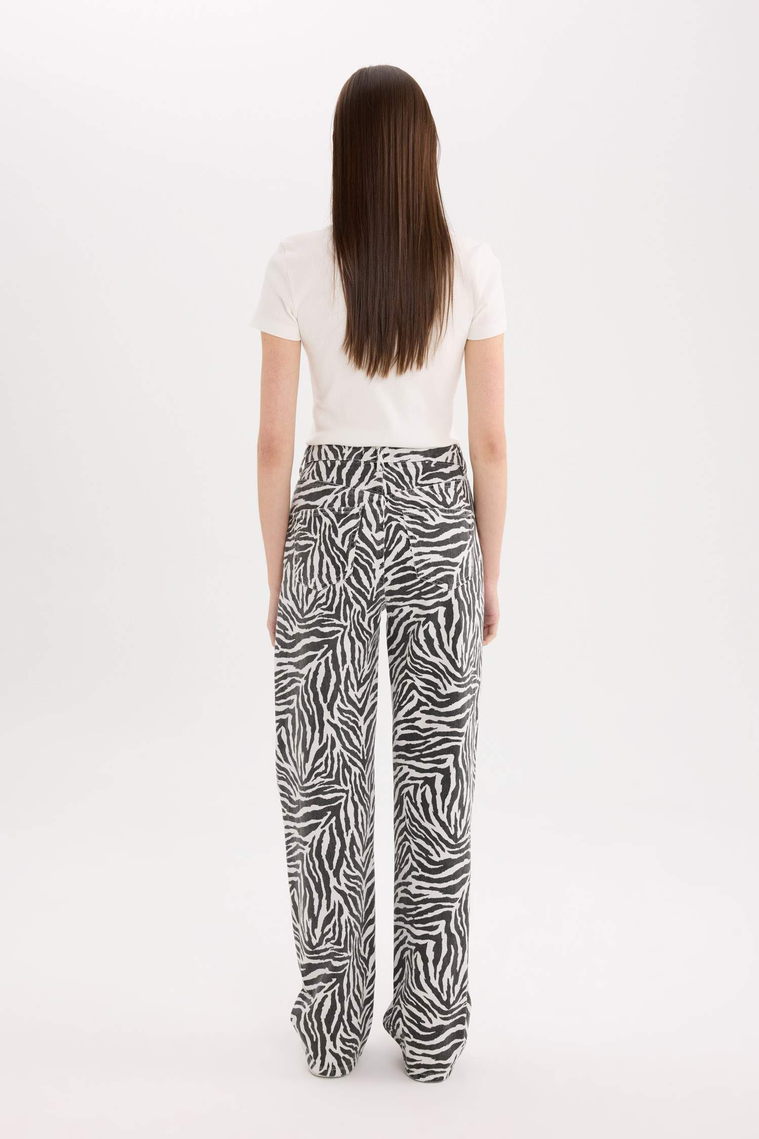 Straight Fit Gabardine Trousers, Zebra Pattern, Regular Waist, Standard Length
