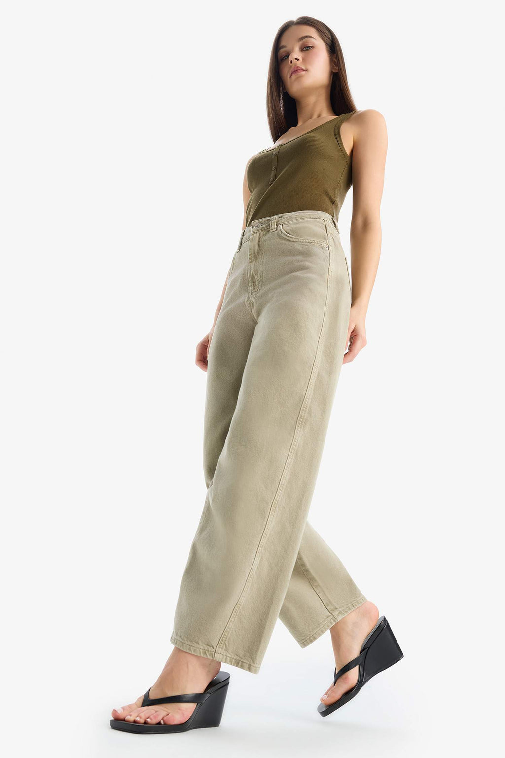 Baggy Fit Washed Normal Waist Gabardine Trousers