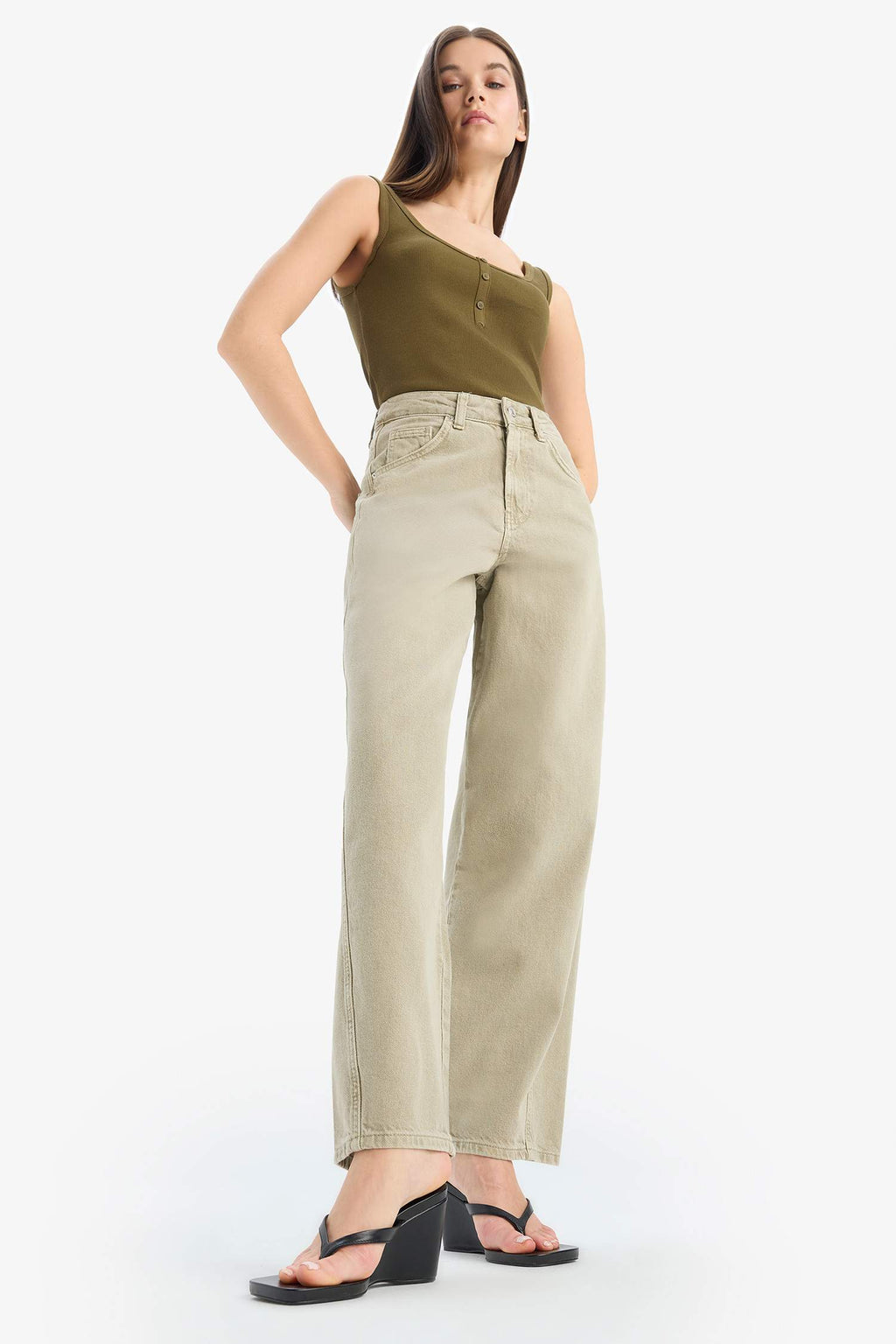 Baggy Fit Washed Normal Waist Gabardine Trousers