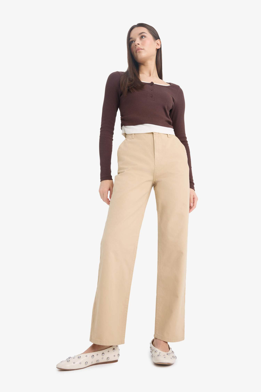 Straight Fit Gabardine High Waist Trousers