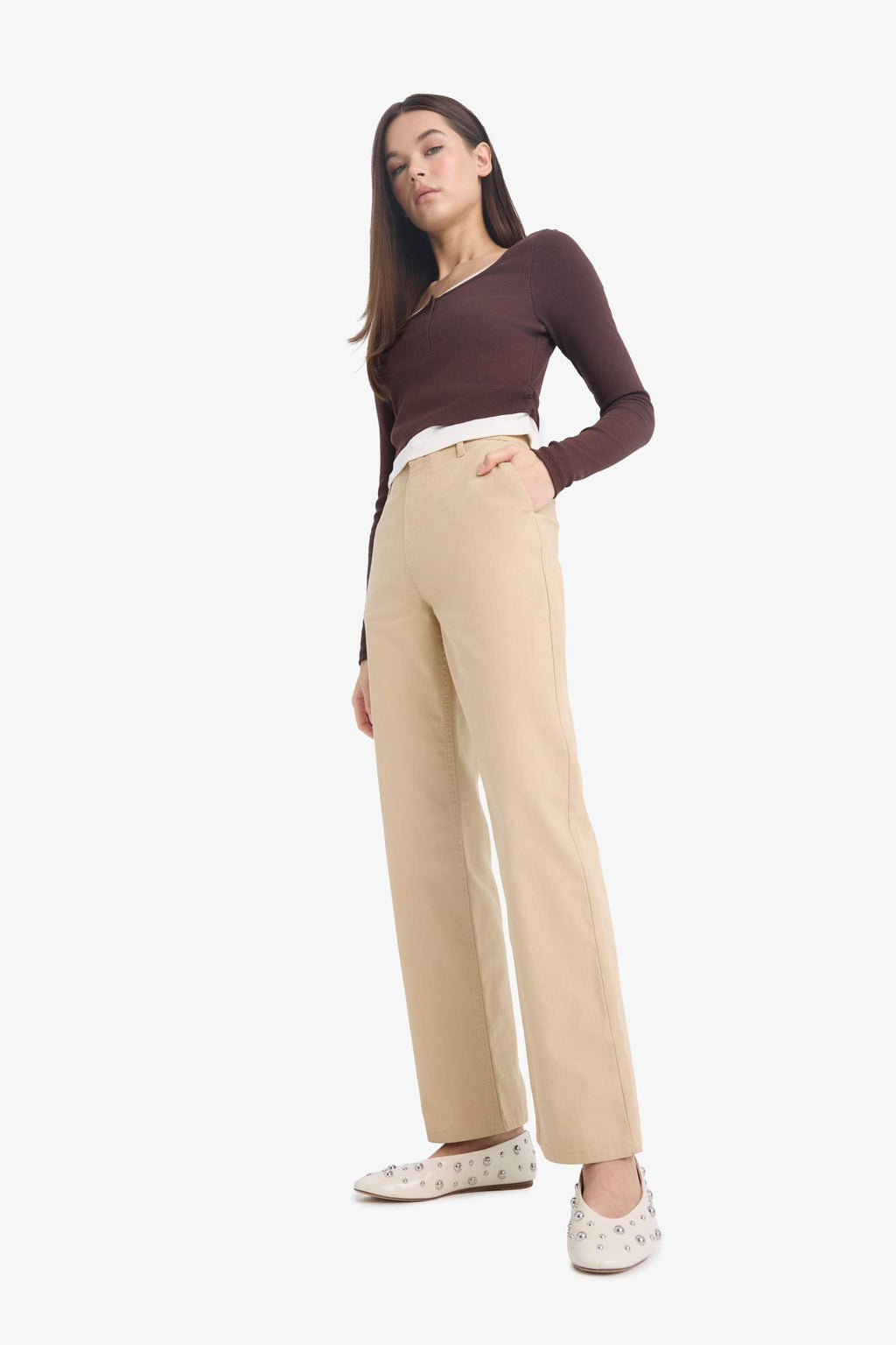 Straight Fit Gabardine High Waist Trousers
