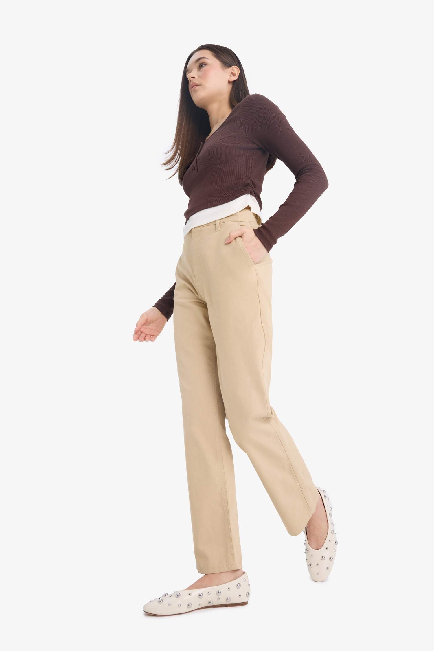 Straight Fit Gabardine High Waist Trousers