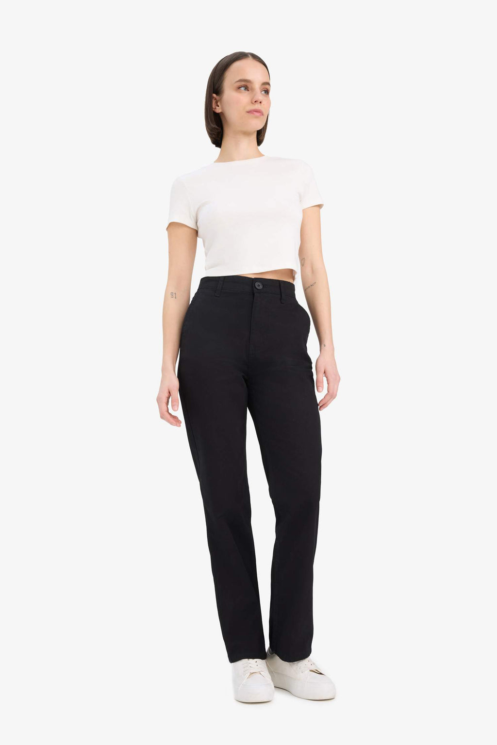Straight Fit Gabardine High Waist Trousers