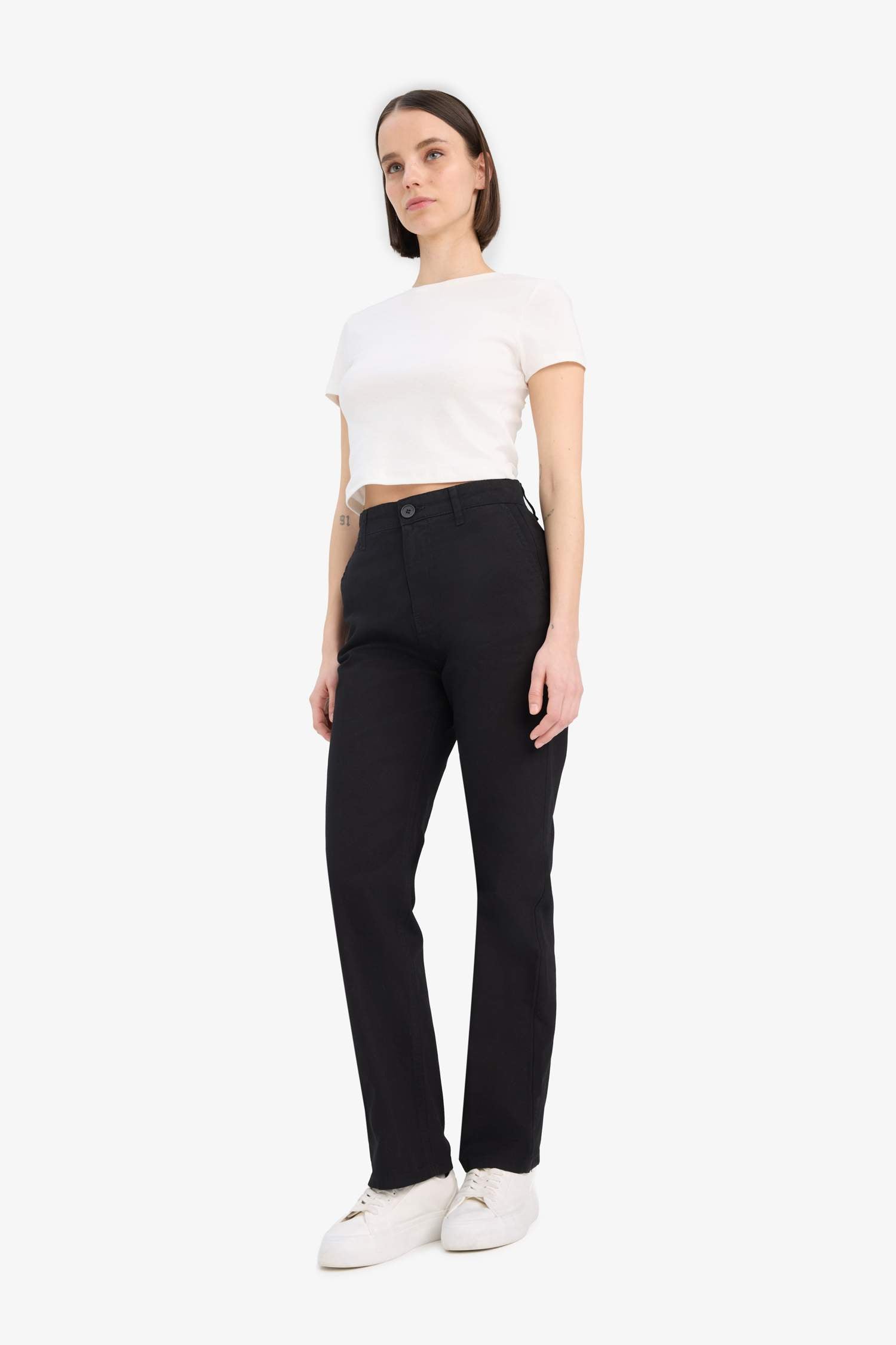 Straight Fit Gabardine High Waist Trousers