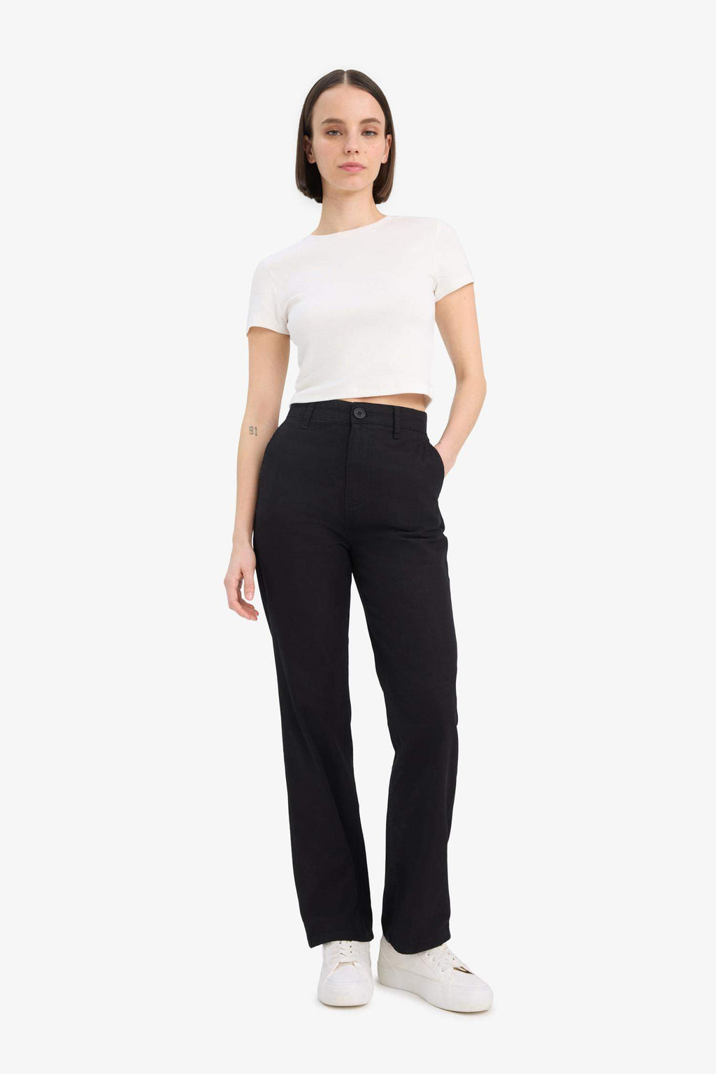Straight Fit Gabardine High Waist Trousers