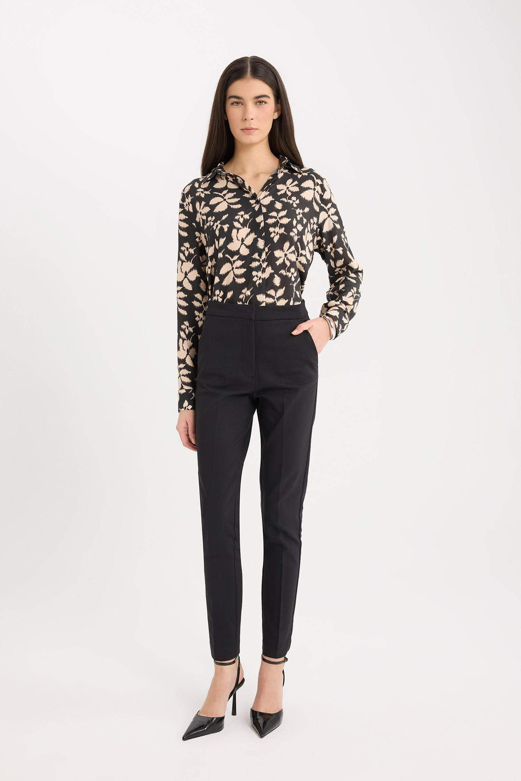 Oversize Fit Shirt Collar Printed Long Sleeve Tunic