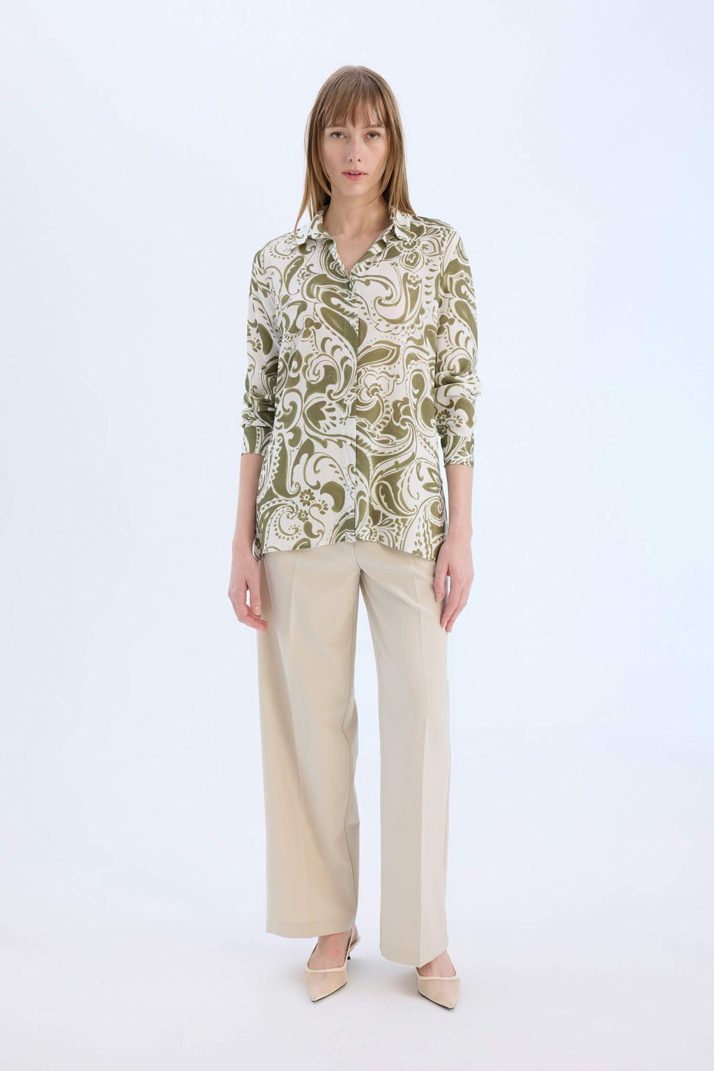 Oversize Fit Shirt Collar Printed Long Sleeve Tunic