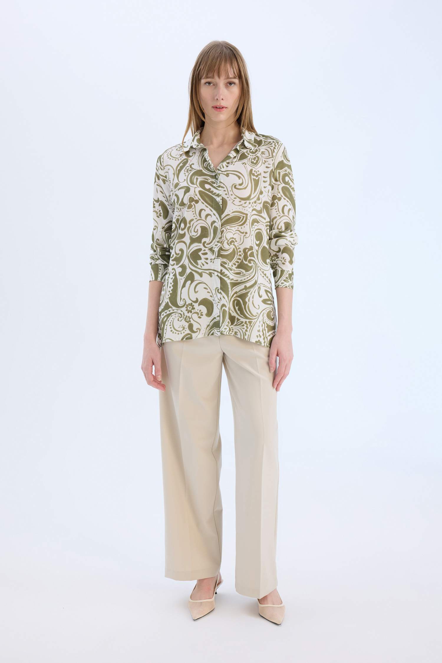 Oversize Fit Shirt Collar Printed Long Sleeve Tunic