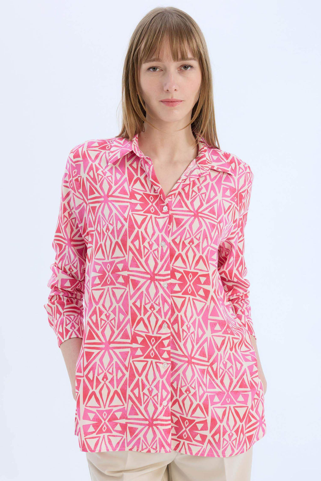 Oversize Fit Shirt Collar Printed Long Sleeve Tunic