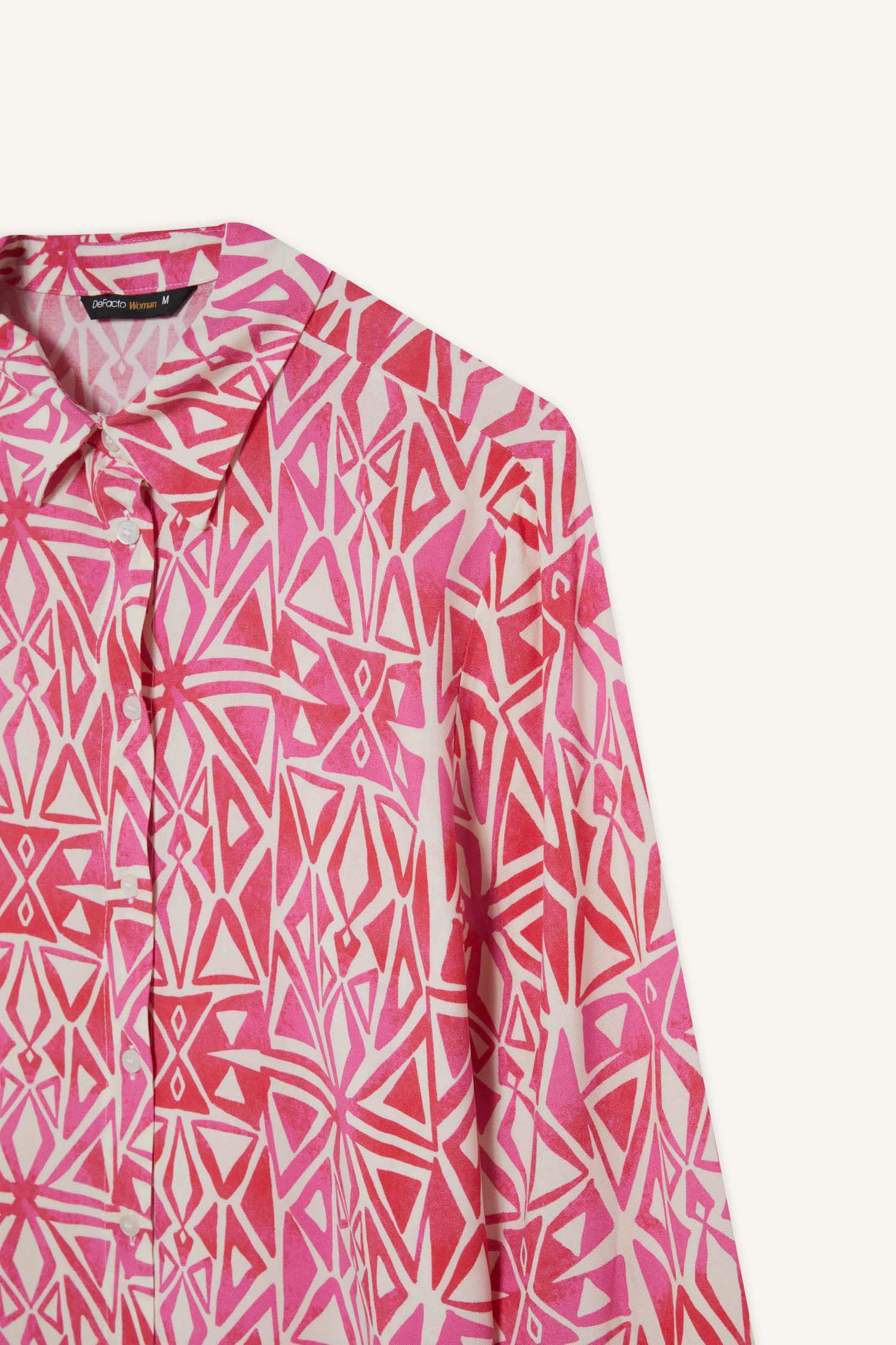 Oversize Fit Shirt Collar Printed Long Sleeve Tunic