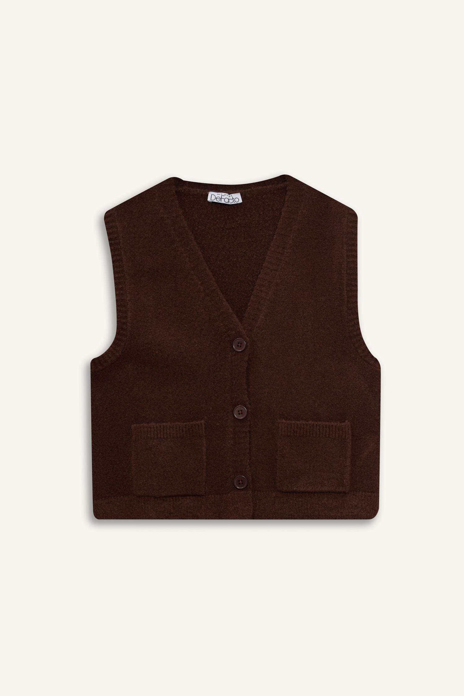 Regular Fit V-Neck Buttoned Knitted Vest with Pockets