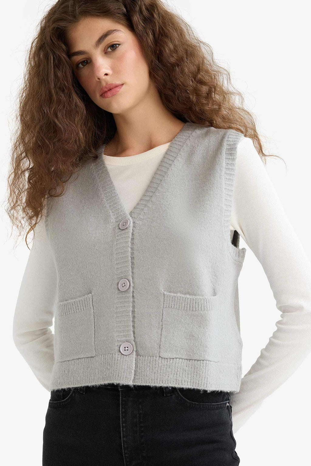 Regular Fit V-Neck Buttoned Knitted Vest with Pockets