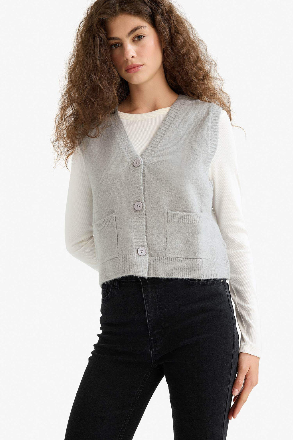 Regular Fit V-Neck Buttoned Knitted Vest with Pockets