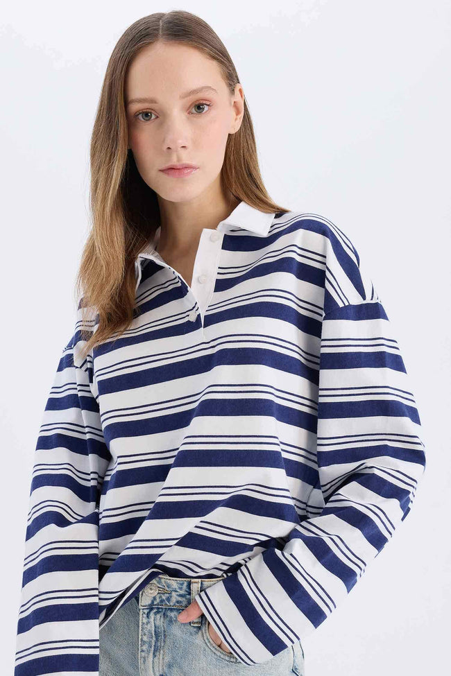 Loose Fit Polo Collar Striped T-Shirt Hover Image