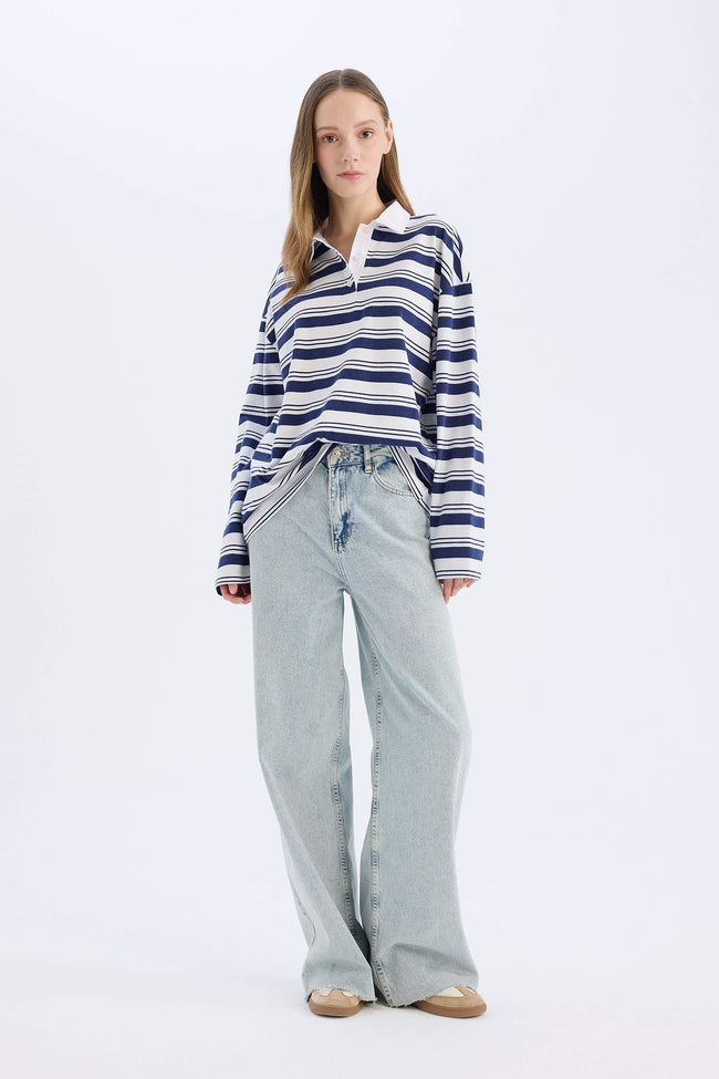 Loose Fit Polo Collar Striped T-Shirt Main Image