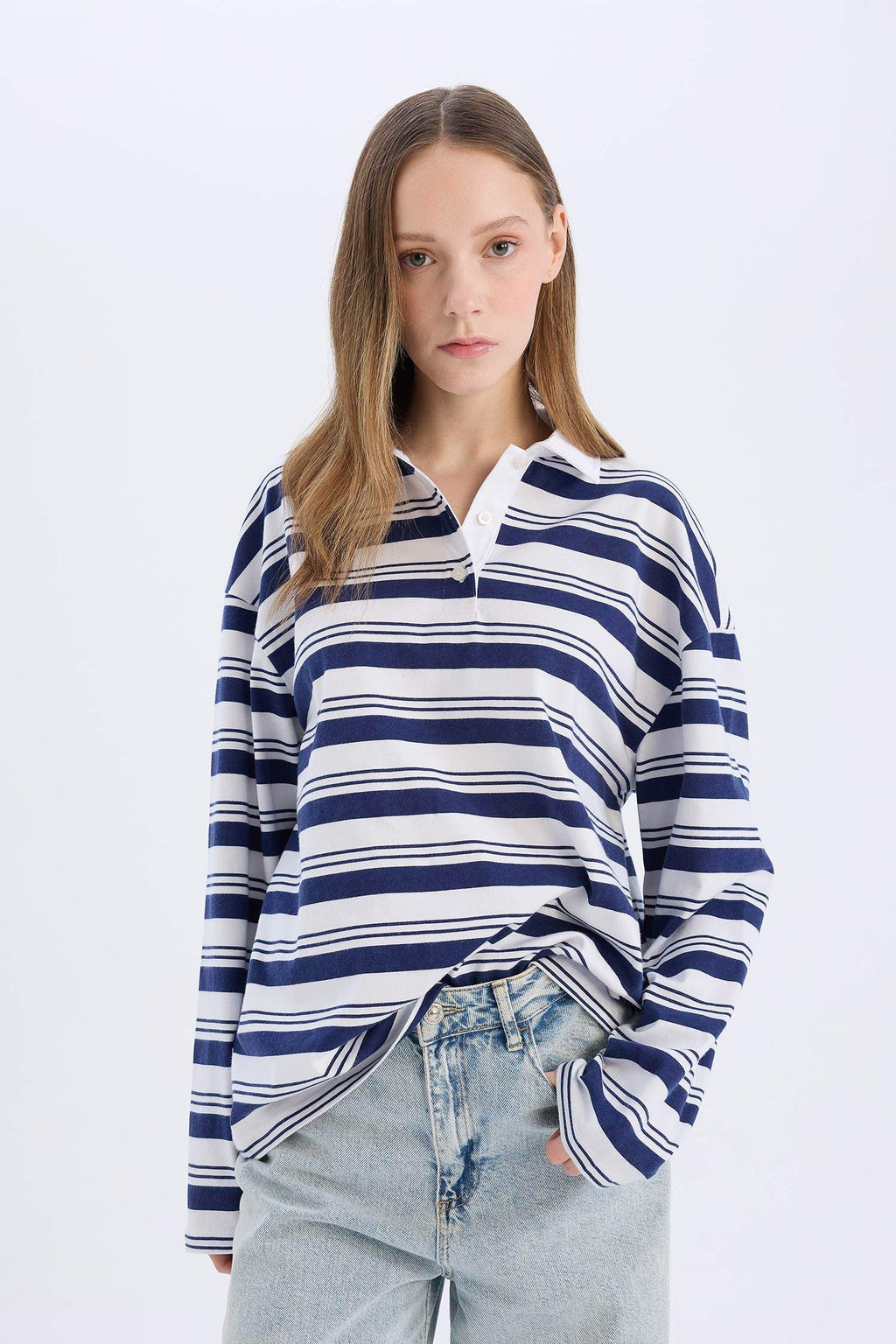 Loose Fit Polo Collar Striped T-Shirt