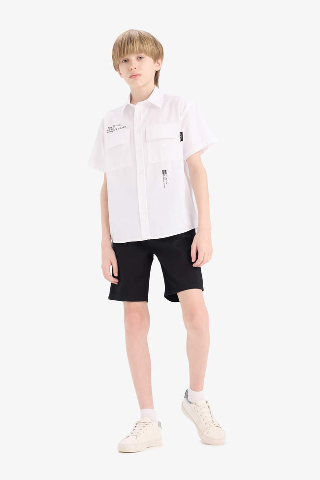 Oversize Wide Fit Polo Collar Printed Poplin Short-Sleeve Shirt For Boys Main Image