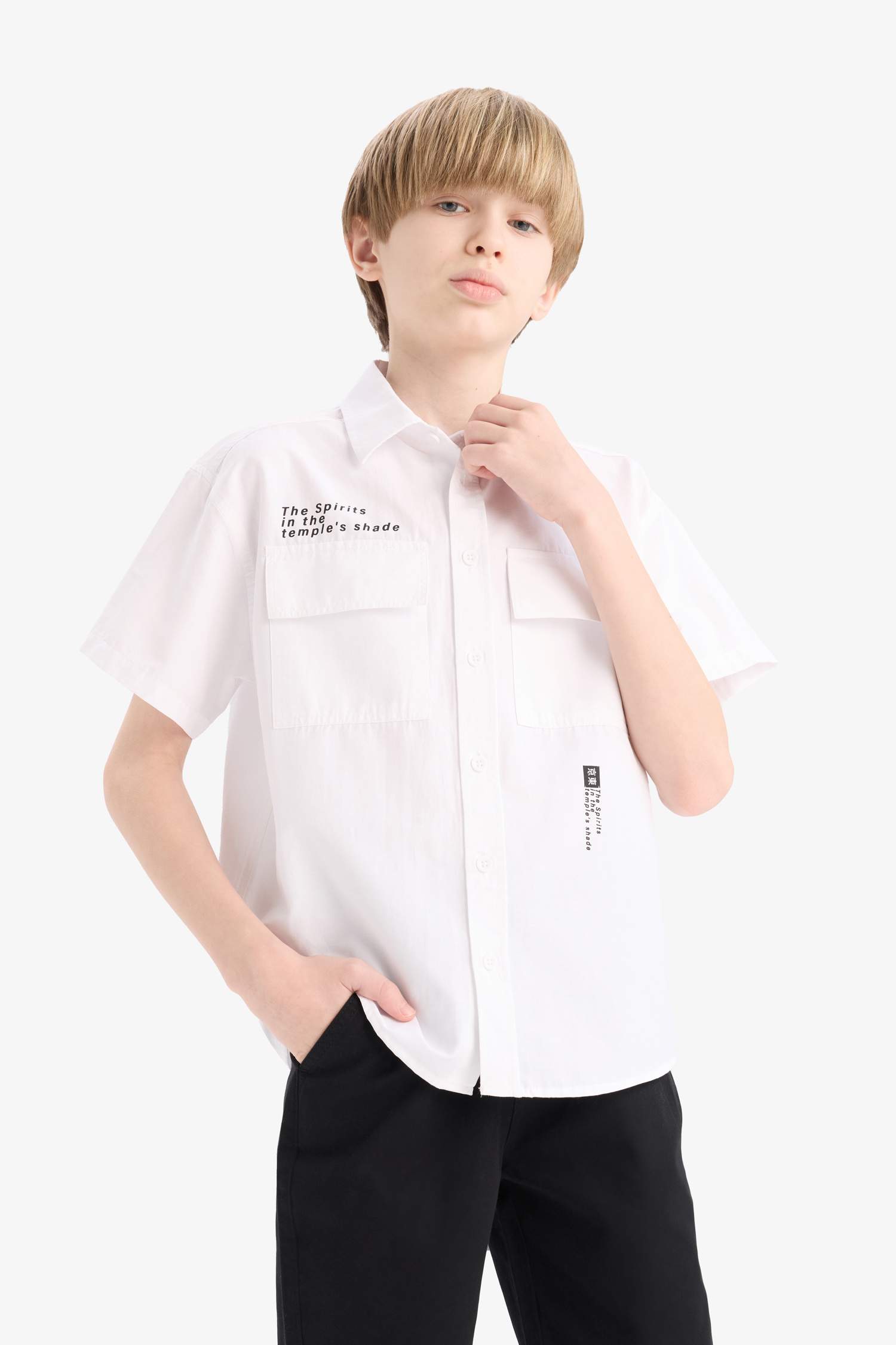 Oversize Wide Fit Polo Collar Printed Poplin Short-Sleeve Shirt For Boys