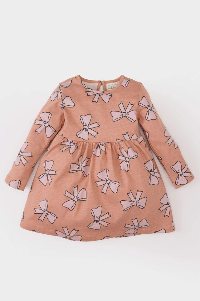 Baby Girl Bow Patterned Long Sleeve Dress Hover Image