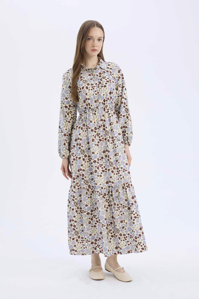 Shirt Collar Patterned Long Sleeve Maxi Dress Hover Image