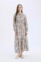 Shirt Collar Patterned Long Sleeve Maxi Dress