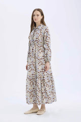 Shirt Collar Patterned Long Sleeve Maxi Dress