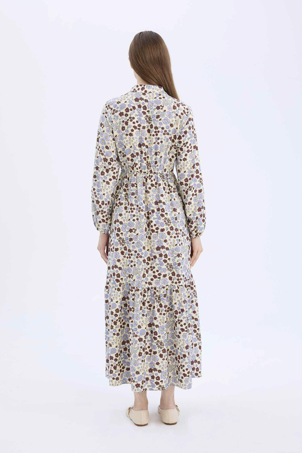 Shirt Collar Patterned Long Sleeve Maxi Dress
