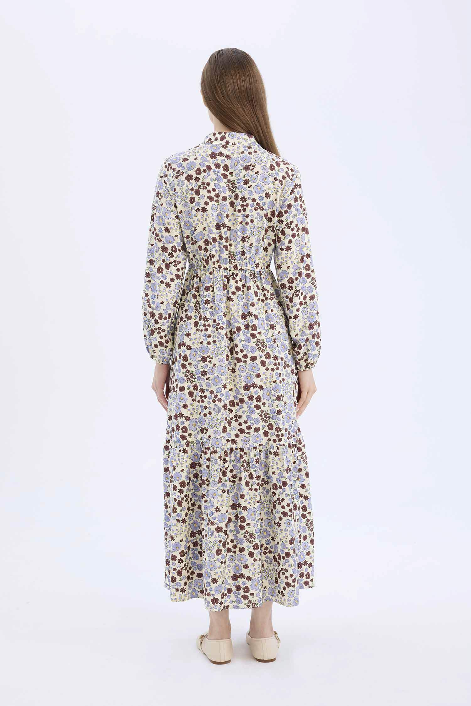 Shirt Collar Patterned Long Sleeve Maxi Dress