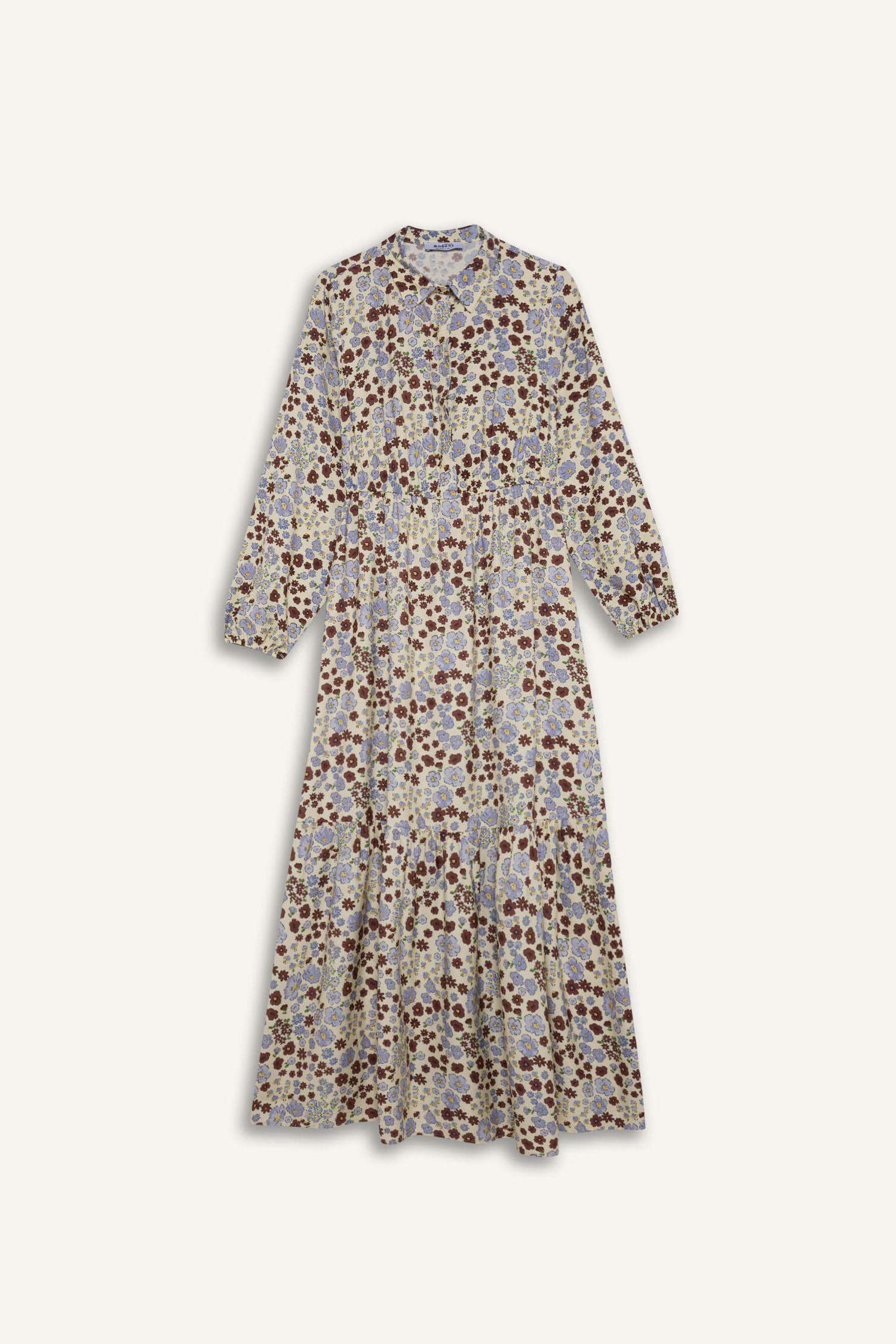 Shirt Collar Patterned Long Sleeve Maxi Dress