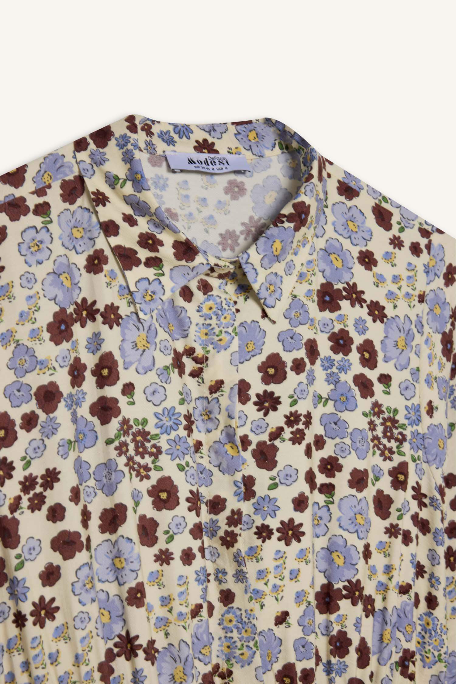 Shirt Collar Patterned Long Sleeve Maxi Dress