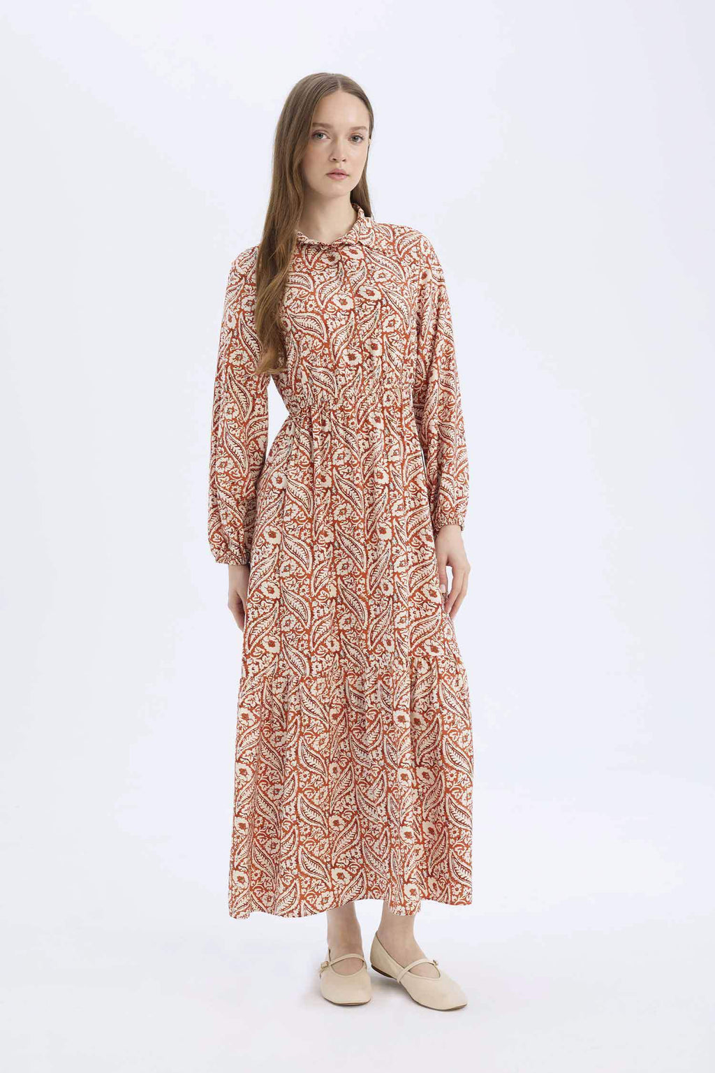 Shirt Collar Patterned Long Sleeve Maxi Dress