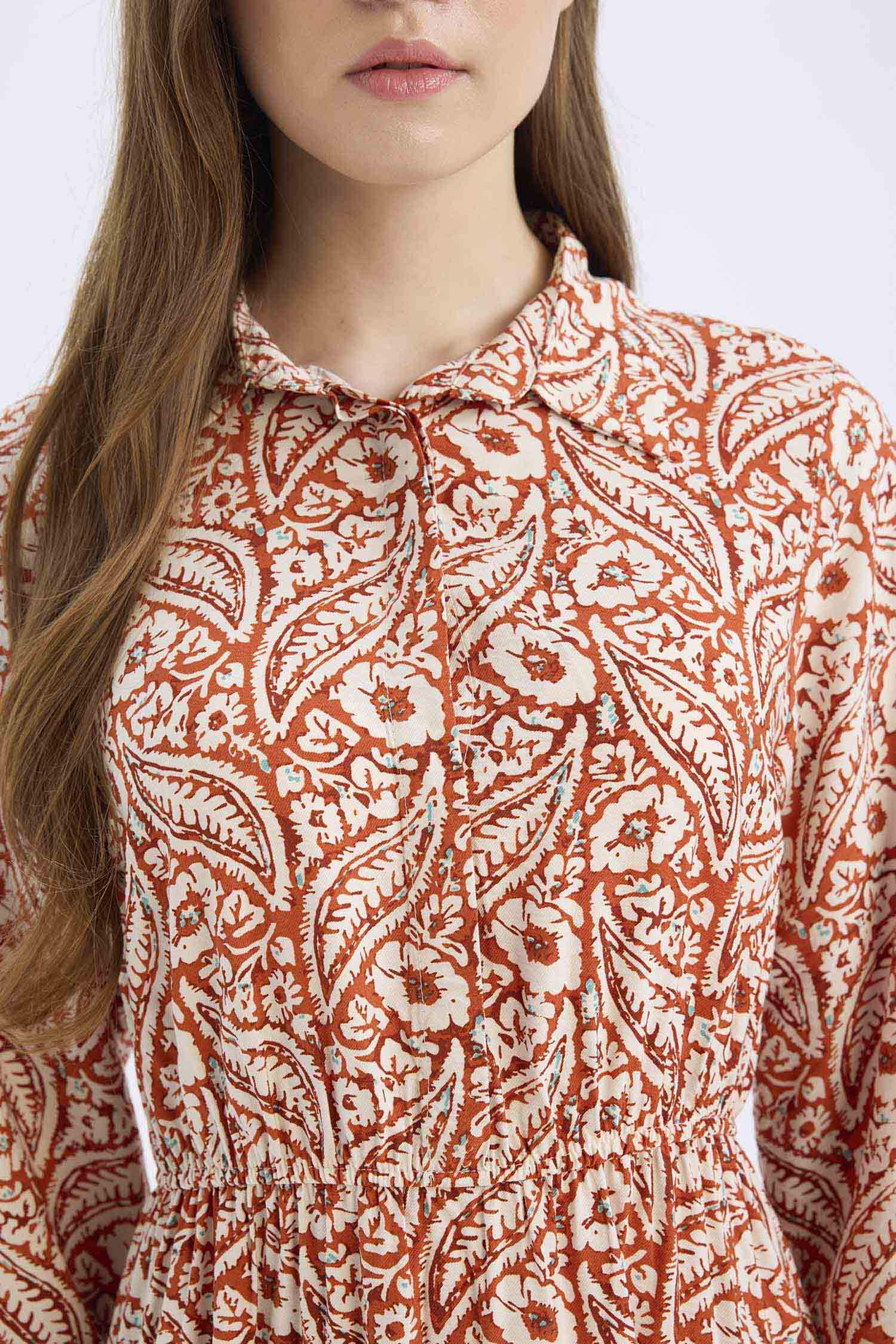 Shirt Collar Patterned Long Sleeve Maxi Dress